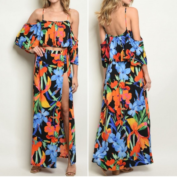 LAST 1!TROPICAL PRINT 2 PIECE SET MAXI SKIRT & TOP - Picture 2 of 8